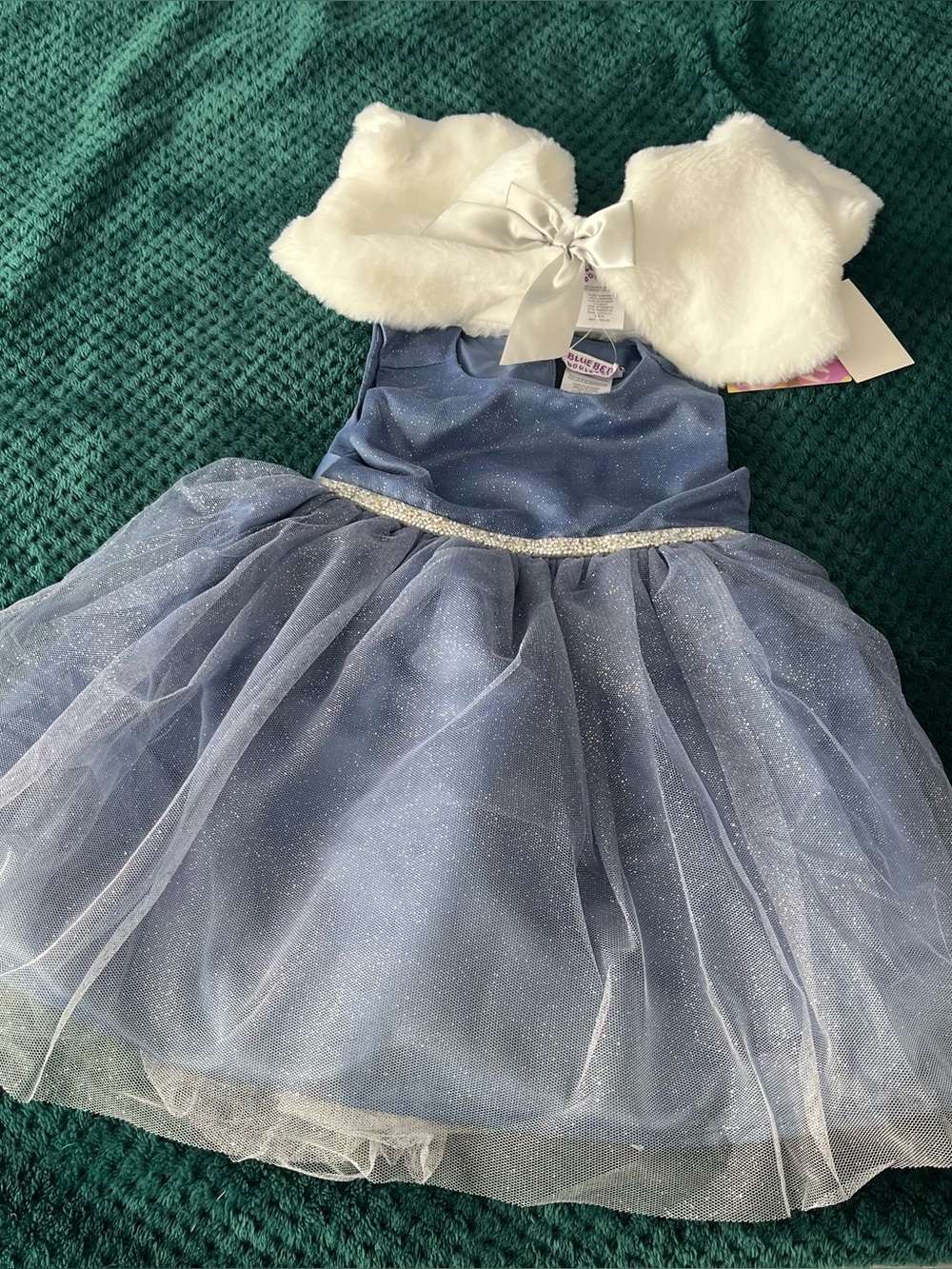 Blueberi Boulevard Sparkle Blue Tulle Dress with White Faux Fur Capelet
